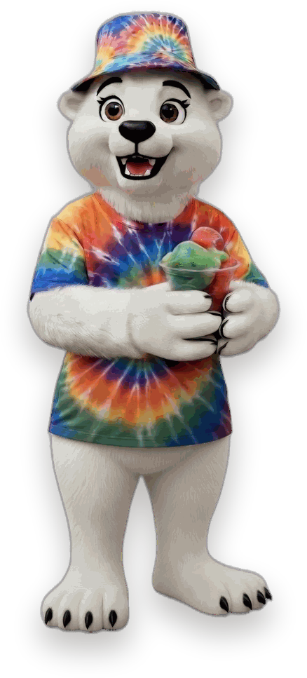 M.C. Ice tie-dye polar bear mascot holding a cup of Italian ice