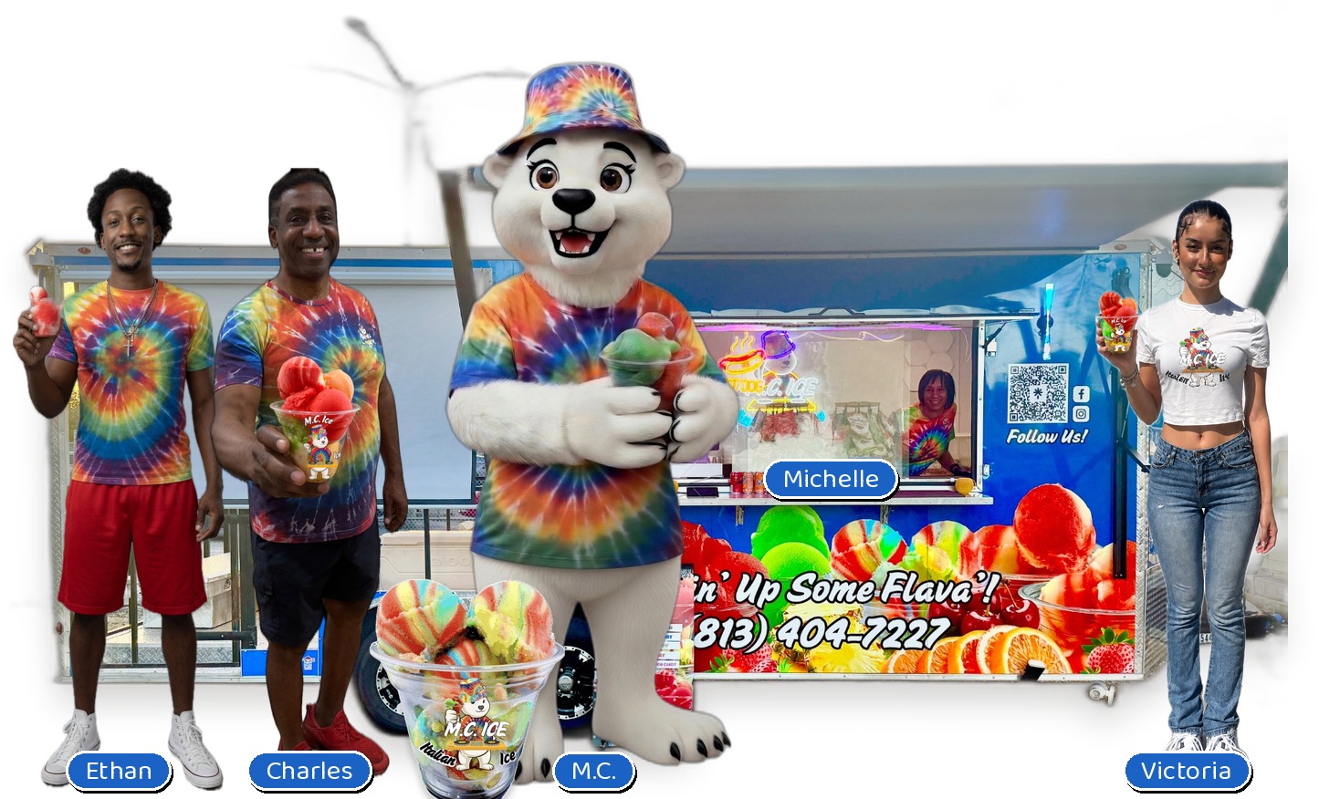 The M.C. Ice team with the DJ polar bear mascot in front of the tie-dye Italian ice trailer in Tampa, FL